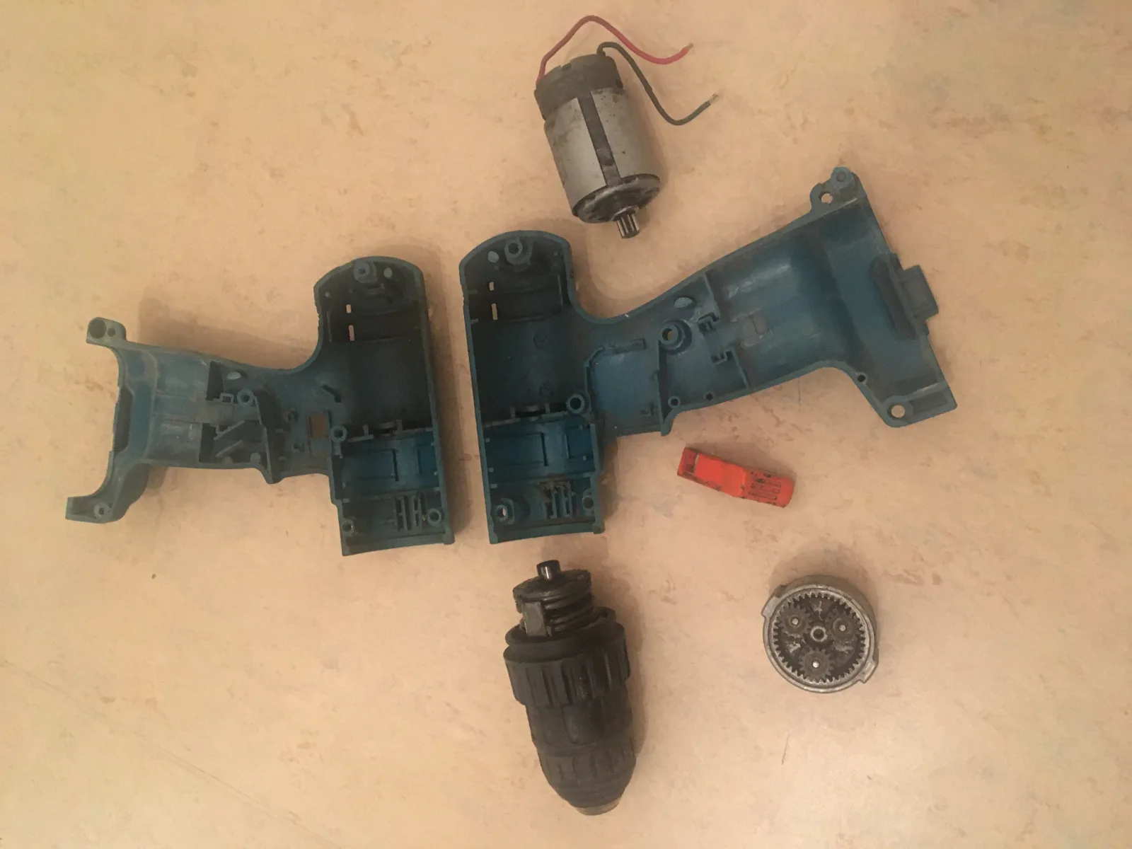 Opened drilling machine motor and gearbox used for the rover drivetrain